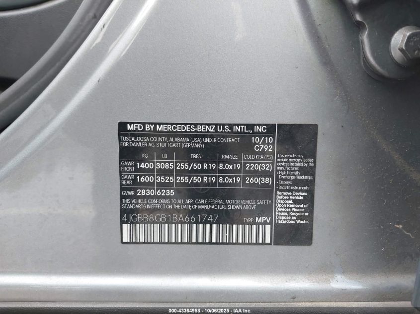 2011 Mercedes-Benz Ml 350 4Matic VIN: 4JGBB8GB1BA661747 Lot: 43364958