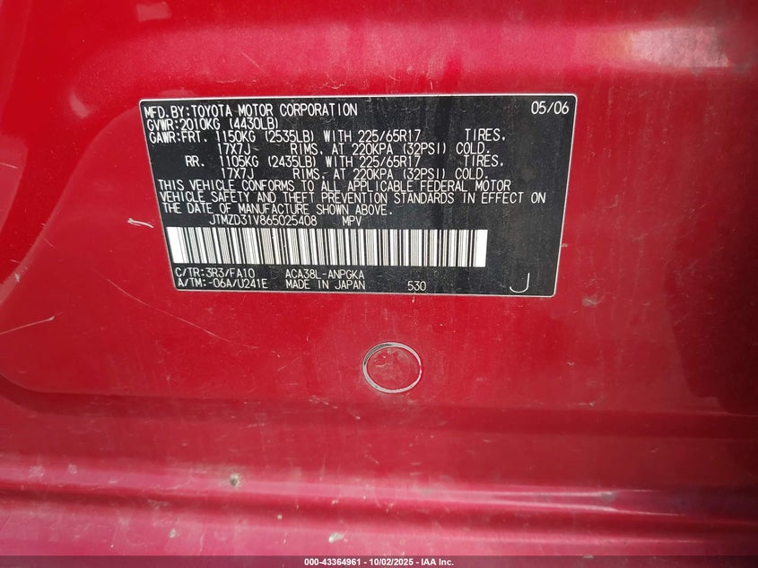 2006 Toyota Rav4 Limited VIN: JTMZD31V865025408 Lot: 43364961