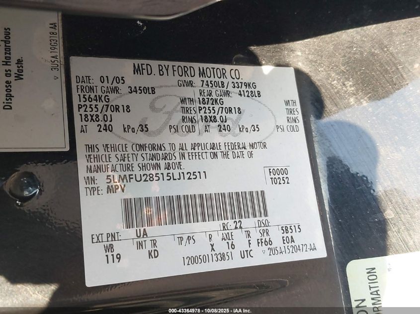 2005 Lincoln Navigator VIN: 5LMFU28515LJ12511 Lot: 43364978
