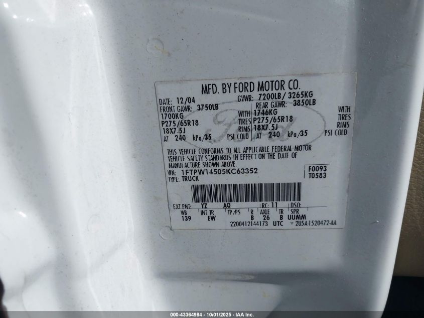 2005 Ford F-150 Fx4/Lariat/Xlt VIN: 1FTPW14505KC63352 Lot: 43364984