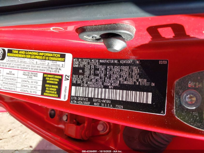 2009 Toyota Venza Base V6 VIN: 4T3BK11A99U005819 Lot: 43364991