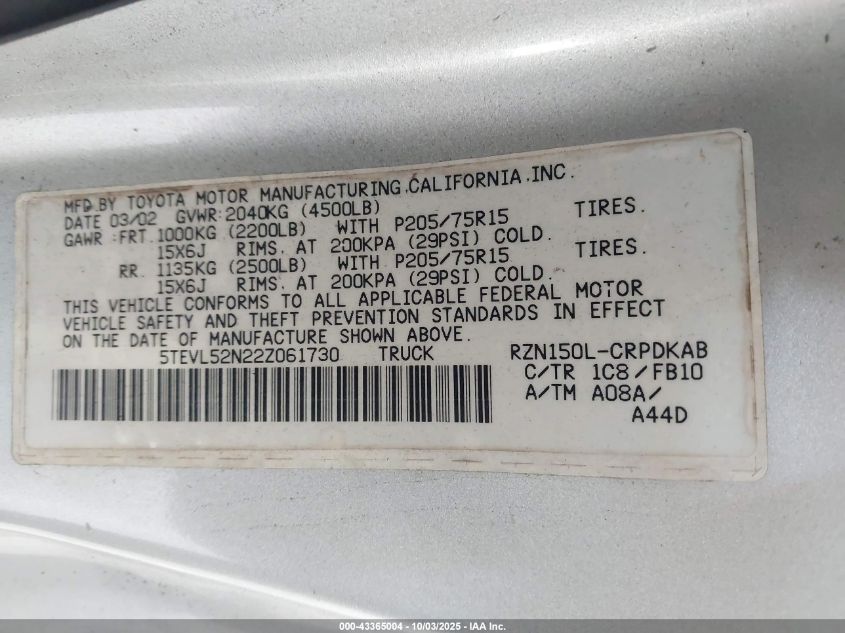 2002 Toyota Tacoma VIN: 5TEVL52N22Z061730 Lot: 43365004
