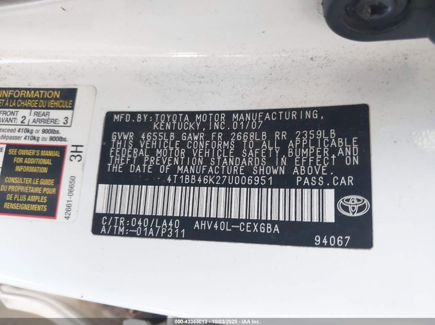 2007 Toyota Camry Hybrid VIN: 4T1BB46K27U006951 Lot: 43365013