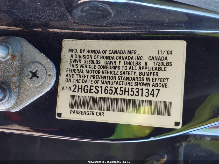 2005 Honda Civic Lx VIN: 2HGES165X5H531347 Lot: 43365017