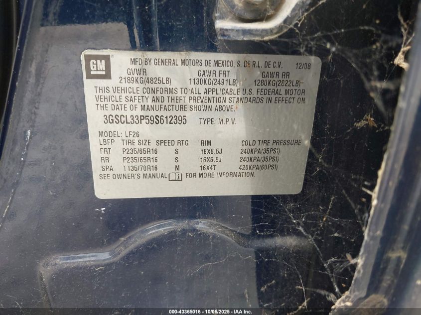 2009 Saturn Vue 4-Cyl Xe VIN: 3GSCL33P59S612395 Lot: 43365016