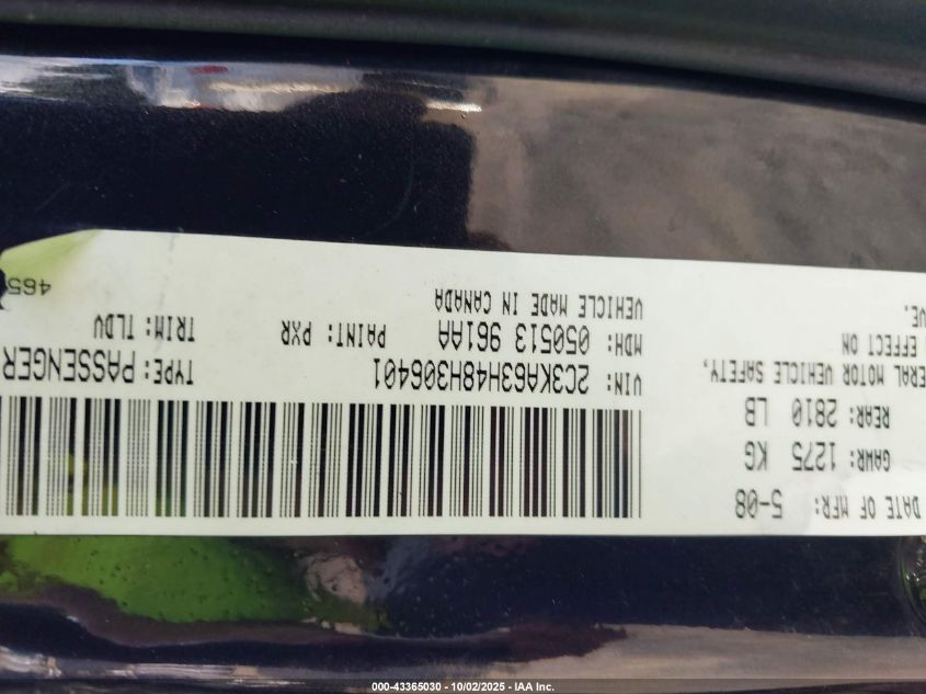 2008 Chrysler 300C Hemi VIN: 2C3KA63H48H306401 Lot: 43365030