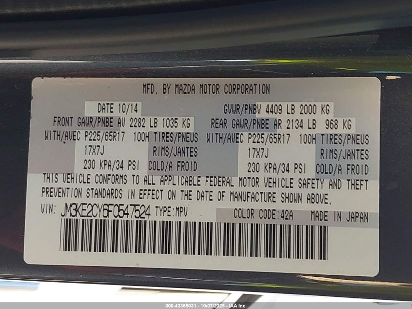 2015 Mazda Cx-5 Touring VIN: JM3KE2CY6F0547524 Lot: 43365031