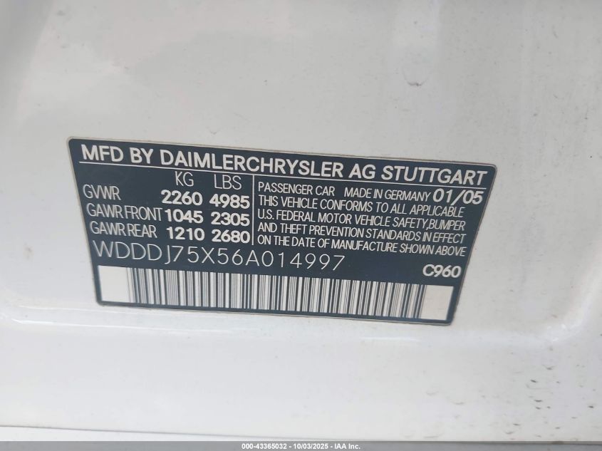 2006 Mercedes-Benz Cls 500 VIN: WDDDJ75X56A014997 Lot: 43365032