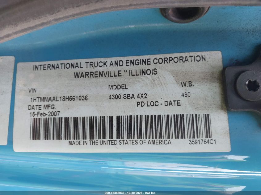 2008 International 4000 4300 VIN: 1HTMMAAL18H561036 Lot: 43365033