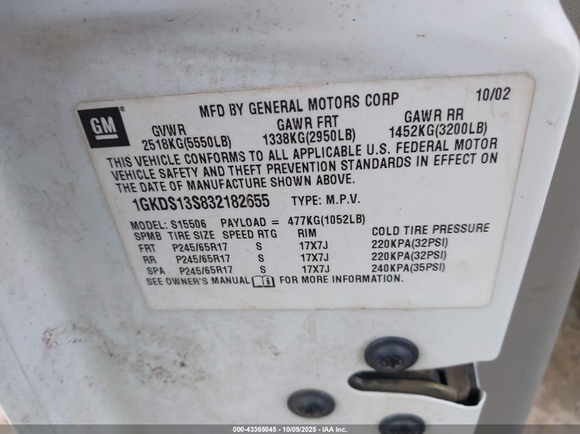 2003 GMC Envoy Slt VIN: 1GKDS13S832182655 Lot: 43365045