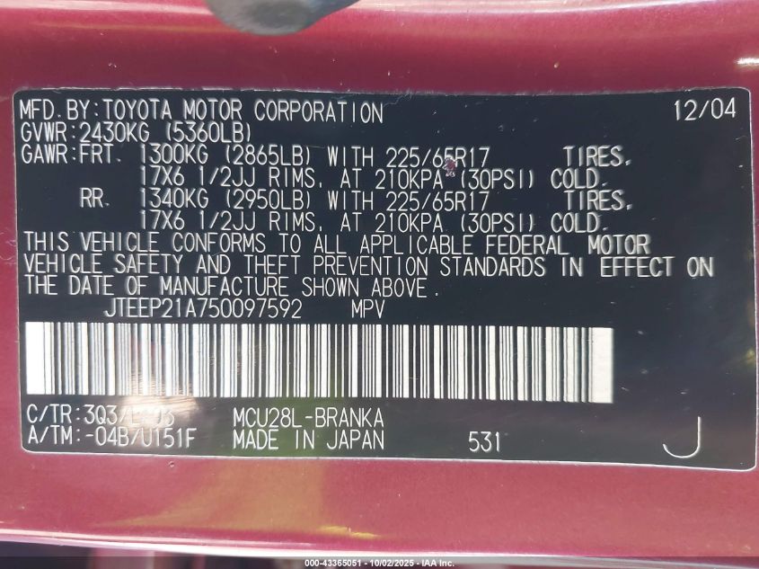 2005 Toyota Highlander Limited V6 VIN: JTEEP21A750097592 Lot: 43365051