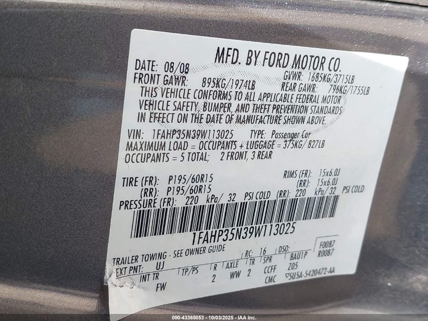 2009 Ford Focus Se VIN: 1FAHP35N39W113025 Lot: 43365053