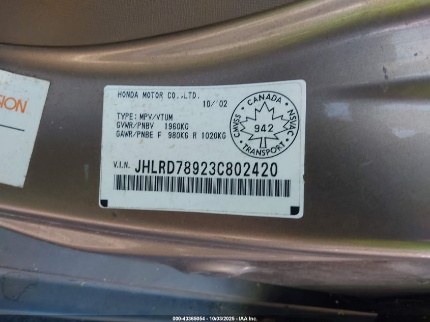 2003 Honda Cr-V Ex-L VIN: JHLRD78923C802420 Lot: 43365054