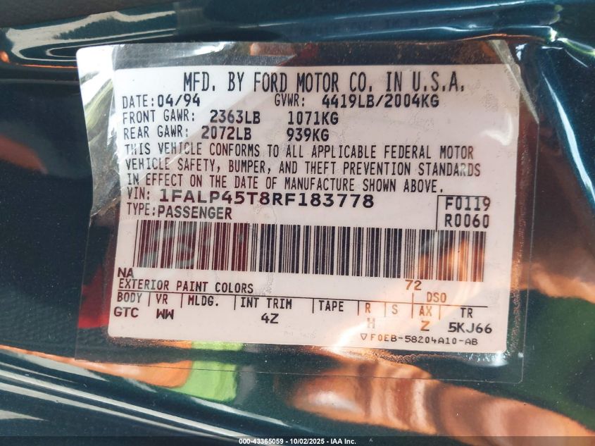1994 Ford Mustang Gt VIN: 1FALP45T8RF183778 Lot: 43365059