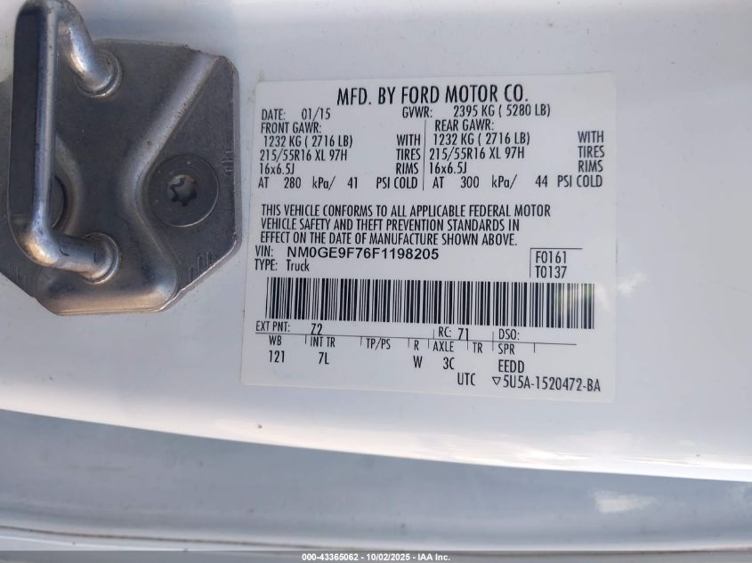 2015 Ford Transit Connect Xlt VIN: NM0GE9F76F1198205 Lot: 43365062