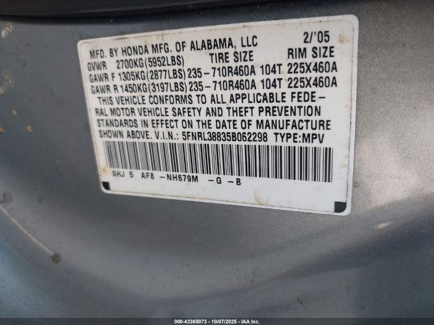 2005 Honda Odyssey Touring VIN: 5FNRL38835B062298 Lot: 43365073