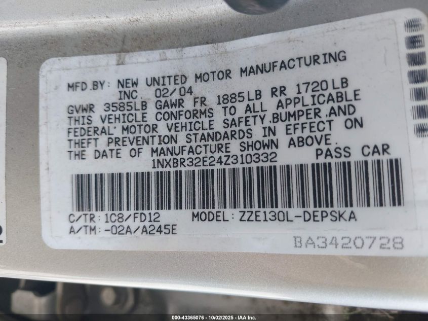 2004 Toyota Corolla S VIN: 1NXBR32E24Z310332 Lot: 43365076