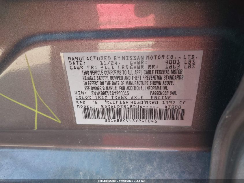 2025 Nissan Sentra Sv VIN: 3N1AB8CV4SY260045 Lot: 43365080