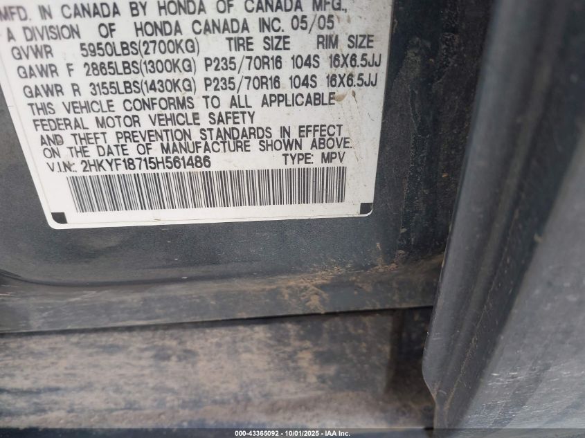 2005 Honda Pilot Ex-L VIN: 2HKYF18715H561486 Lot: 43365092