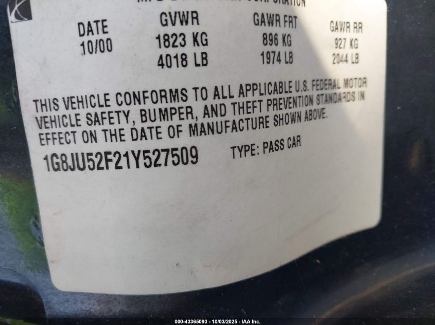 2001 Saturn L200 VIN: 1G8JU52F21Y527509 Lot: 43365093