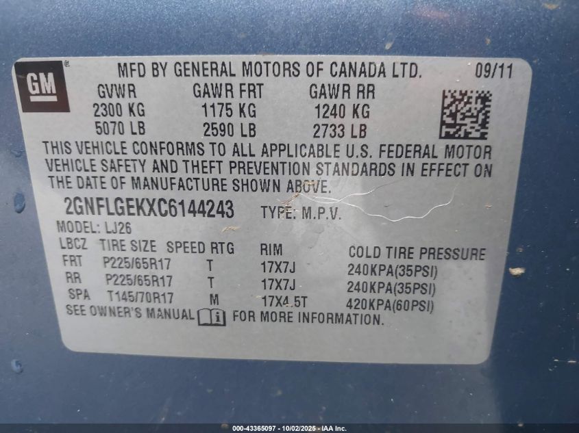 2012 Chevrolet Equinox Ltz VIN: 2GNFLGEKXC6144243 Lot: 43365097