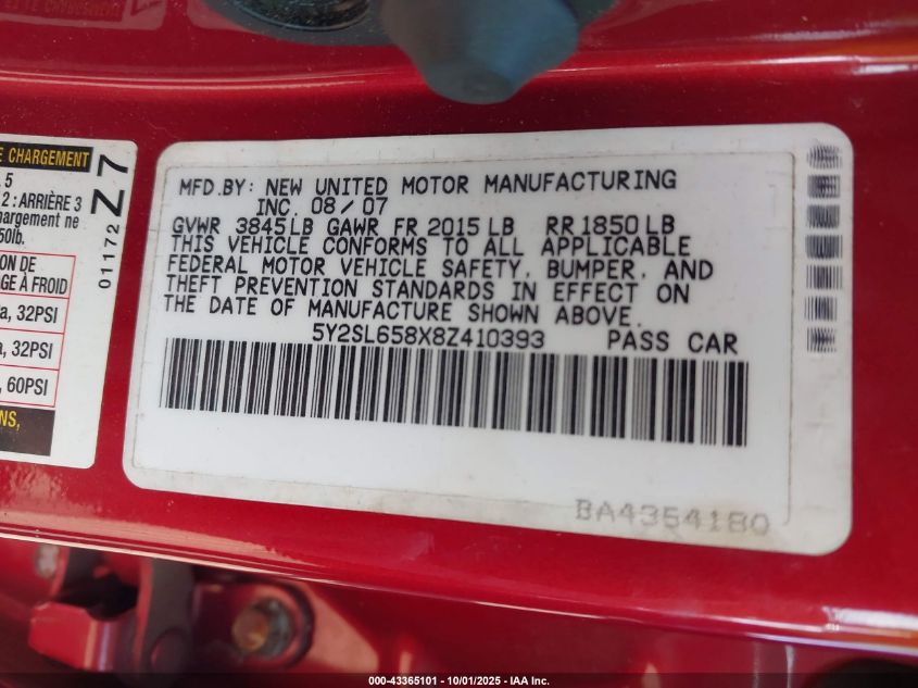2008 Pontiac Vibe VIN: 5Y2SL658X8Z410393 Lot: 43365101
