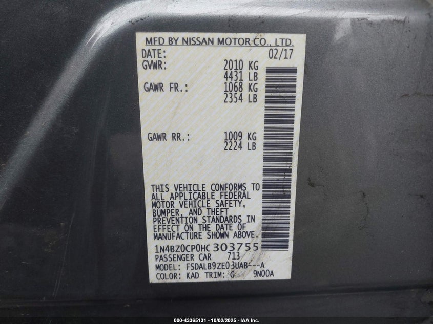 2017 NISSAN LEAF S - 1N4BZ0CP0HC303755