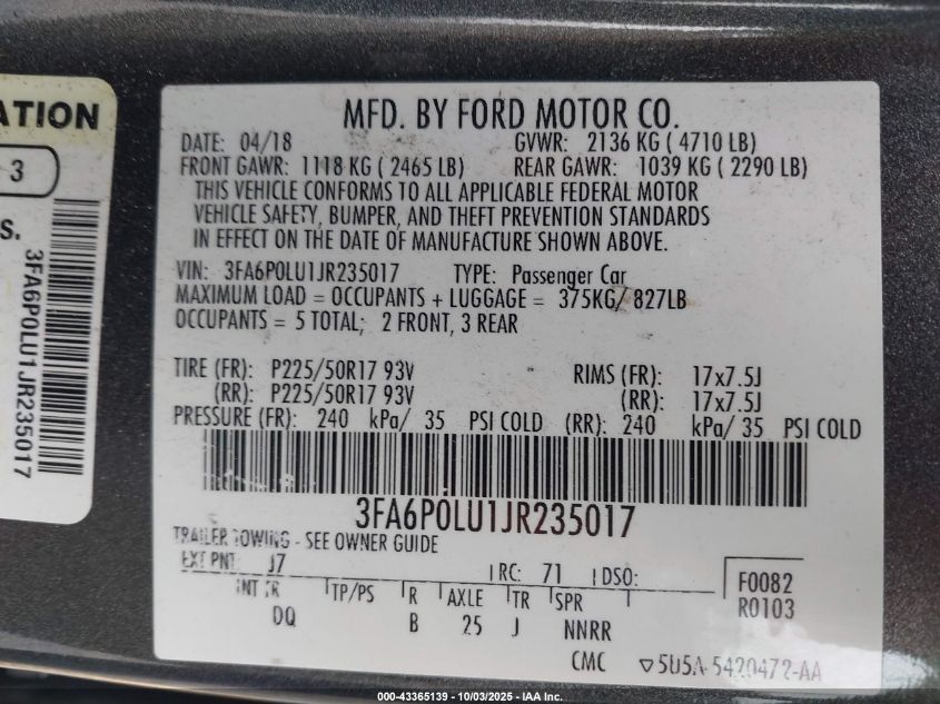 2018 Ford Fusion Hybrid Se VIN: 3FA6P0LU1JR235017 Lot: 43365139