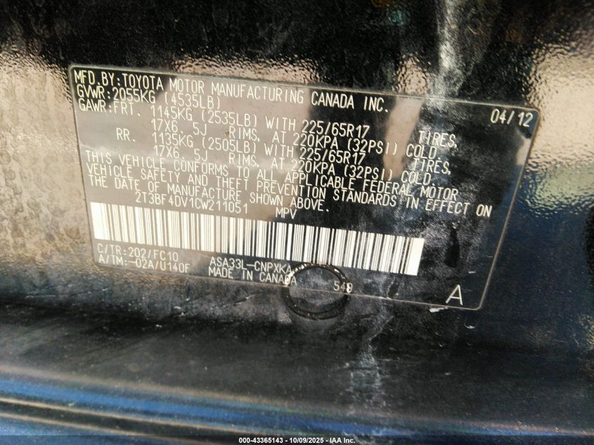 2012 Toyota Rav4 VIN: 2T3BF4DV1CW211051 Lot: 43365143