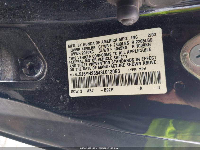 2003 Honda Element Ex VIN: 5J6YH28543L013063 Lot: 43365145