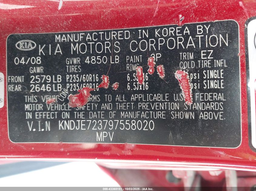 2009 Kia Sportage Lx V6 VIN: KNDJE723797558020 Lot: 43365151