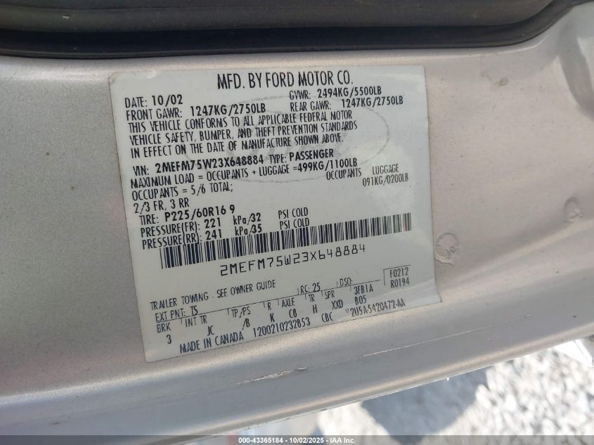 2003 Mercury Grand Marquis Ls VIN: 2MEFM75W23X648884 Lot: 43365184