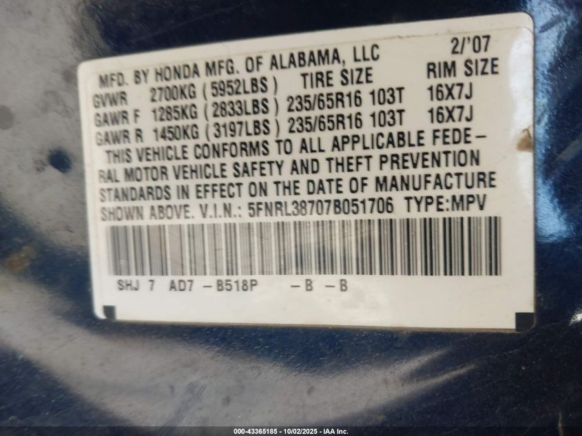 2007 Honda Odyssey Ex-L VIN: 5FNRL38707B051706 Lot: 43365185