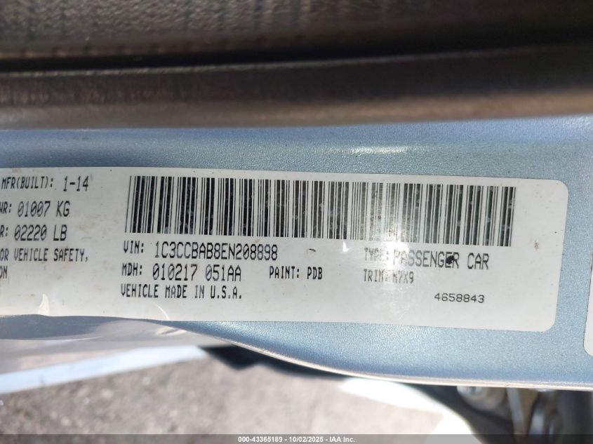 2014 Chrysler 200 Lx VIN: 1C3CCBAB8EN208898 Lot: 43365189