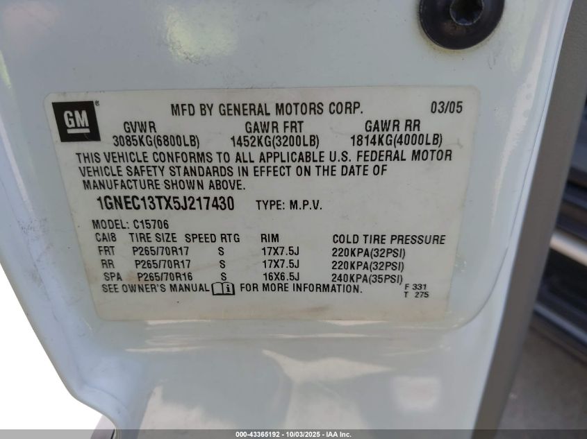 2005 Chevrolet Tahoe Lt VIN: 1GNEC13TX5J217430 Lot: 43365192