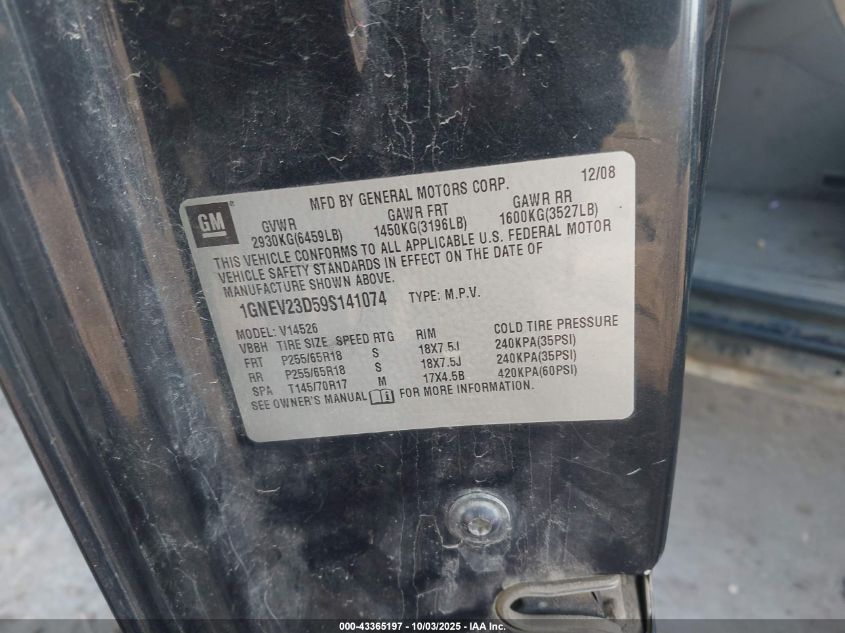 2009 Chevrolet Traverse Lt VIN: 1GNEV23D59S141074 Lot: 43365197