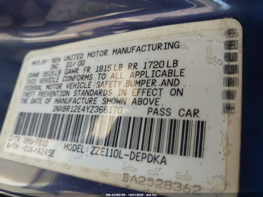 2000 Toyota Corolla Ce VIN: 1NXBR12E4YZ366170 Lot: 43365199