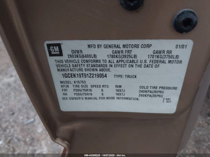 2001 Chevrolet Silverado 1500 Ls VIN: 1GCEK19T91Z219054 Lot: 43365225