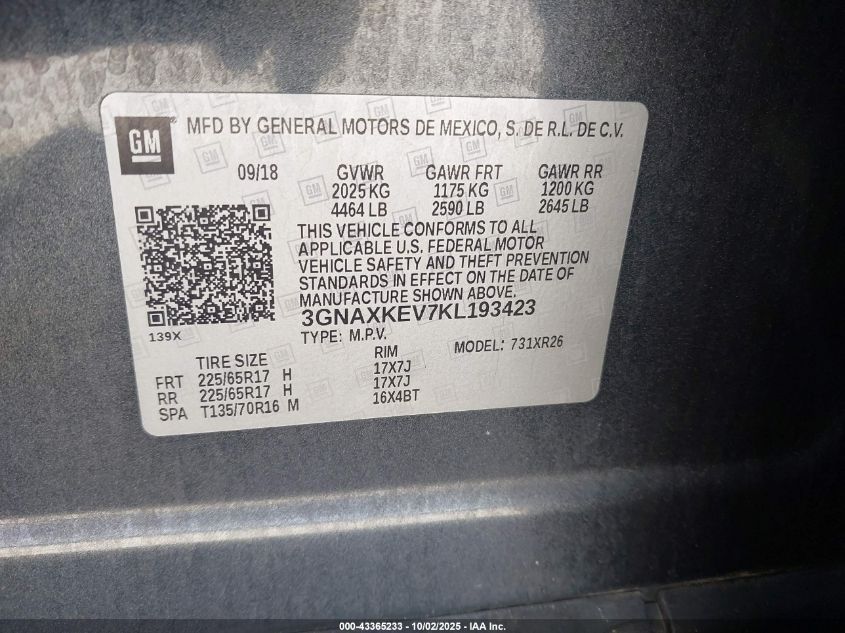 2019 Chevrolet Equinox Lt VIN: 3GNAXKEV7KL193423 Lot: 43365233