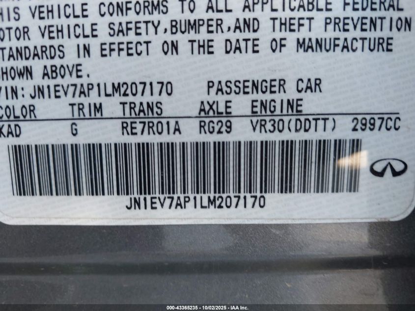 2020 Infiniti Q50 Luxe VIN: JN1EV7AP1LM207170 Lot: 43365235