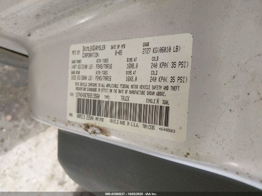 2006 Dodge Dakota Slt VIN: 1D7HE42K76S515560 Lot: 43365237