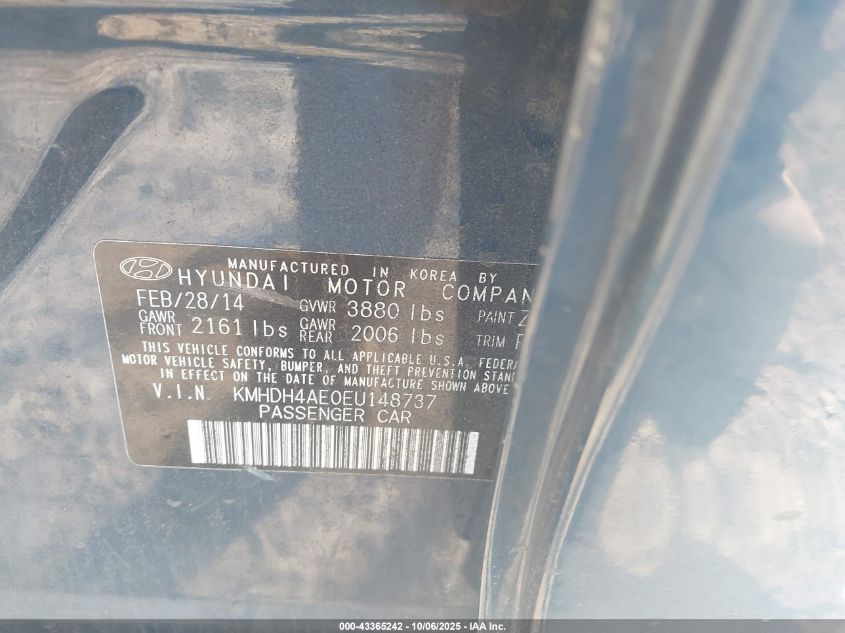 2014 Hyundai Elantra Se VIN: KMHDH4AE0EU148737 Lot: 43365242