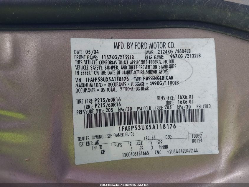 2005 Ford Taurus Se VIN: 1FAFP53UX5A118176 Lot: 43365244