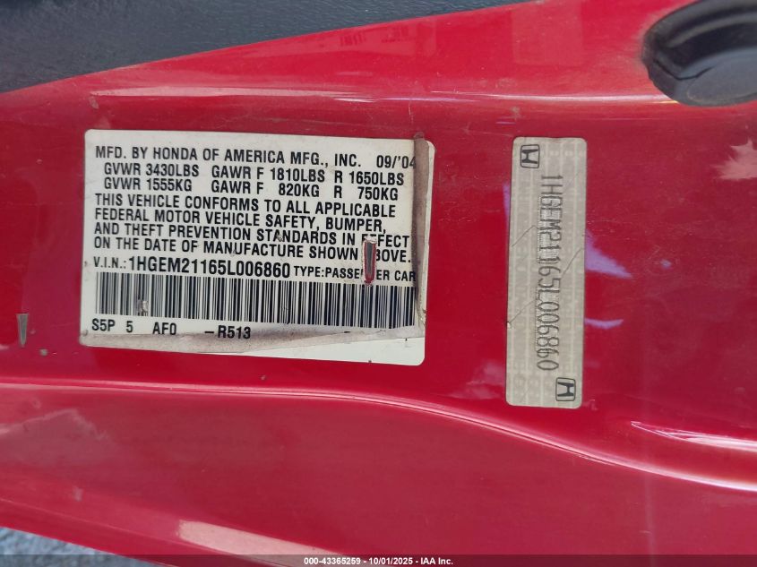 2005 Honda Civic Vp VIN: 1HGEM21165L006860 Lot: 43365259