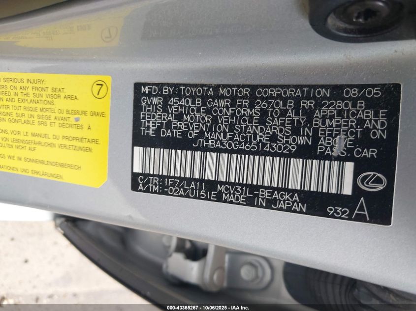 2006 Lexus Es 330 VIN: JTHBA30G465143029 Lot: 43365267