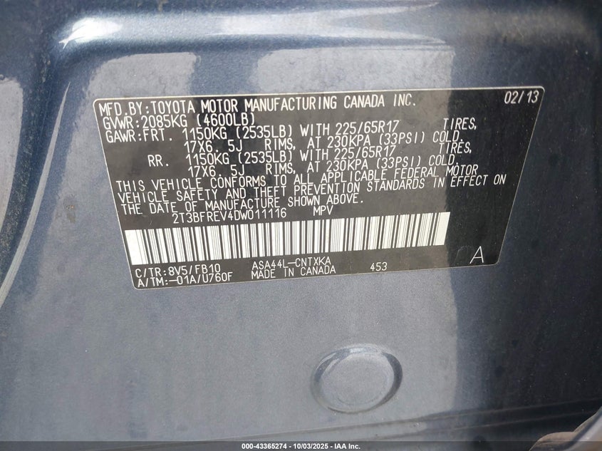 2013 TOYOTA RAV4 LE - 2T3BFREV4DW011116