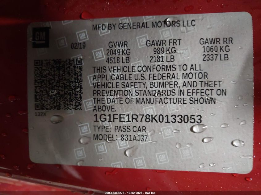 2019 Chevrolet Camaro 1Ss VIN: 1G1FE1R78K0133053 Lot: 43365278