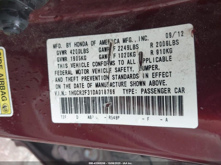 2013 Honda Accord Lx VIN: 1HGCR2F31DA018766 Lot: 43365286