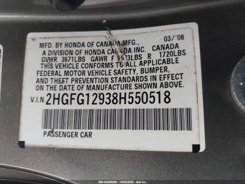 2008 Honda Civic Ex-L VIN: 2HGFG12938H550518 Lot: 43365296