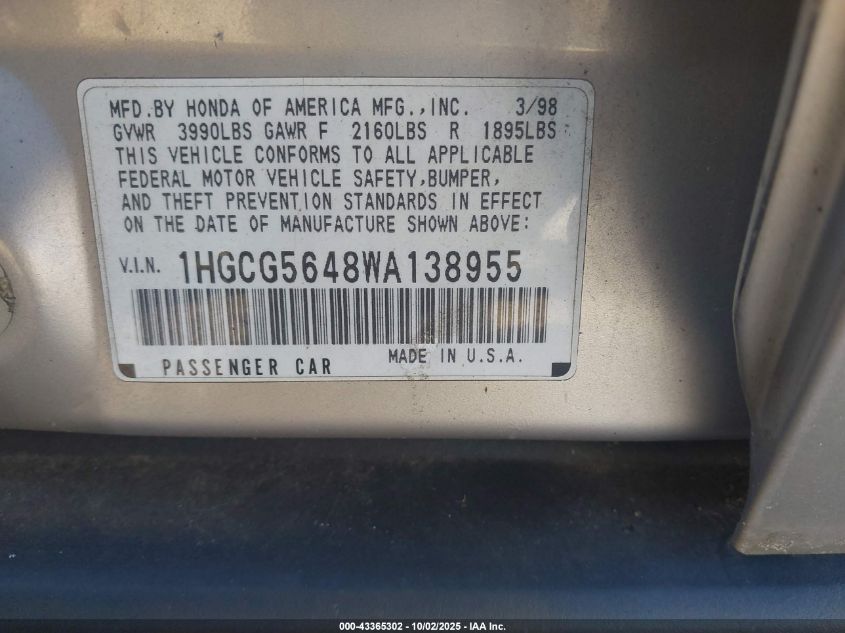 1998 Honda Accord Lx VIN: 1HGCG5648WA138955 Lot: 43365302